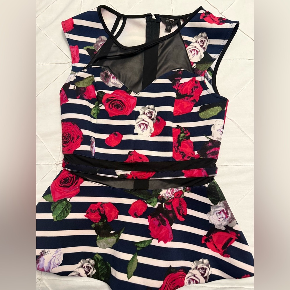 GUESS navy & white striped with floral design and mesh details peplum top